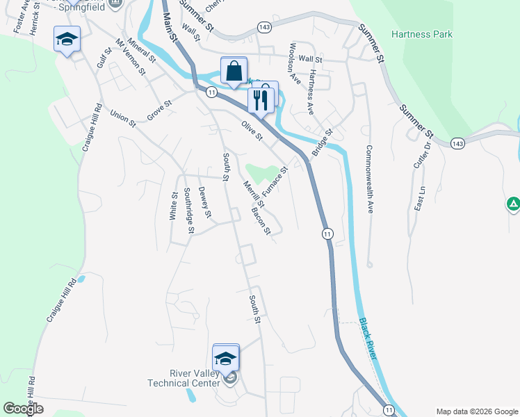 map of restaurants, bars, coffee shops, grocery stores, and more near 93 Merrill Street in Springfield