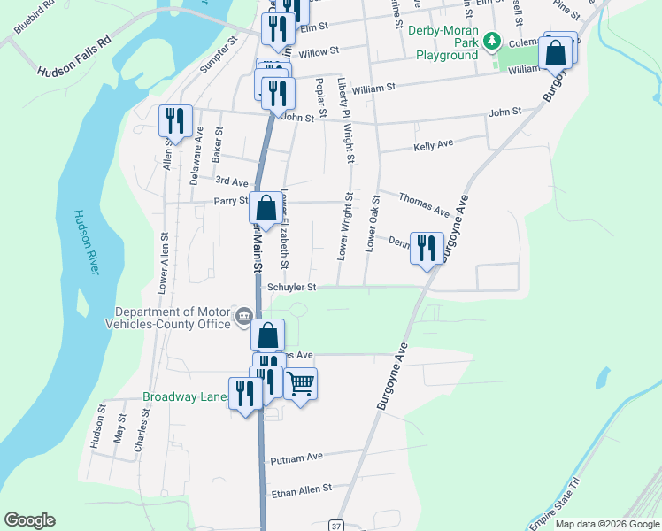 map of restaurants, bars, coffee shops, grocery stores, and more near 510 Lower Wright Street in Hudson Falls