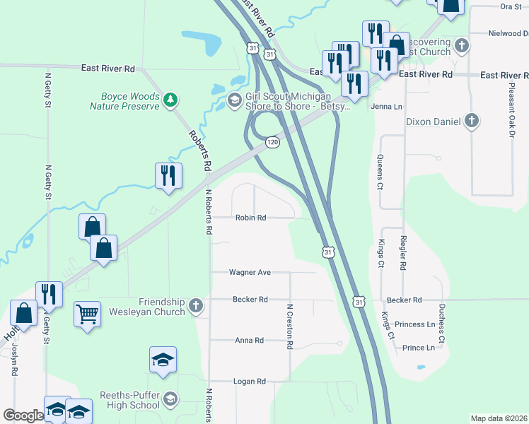 map of restaurants, bars, coffee shops, grocery stores, and more near 1359 Robin Road in Muskegon