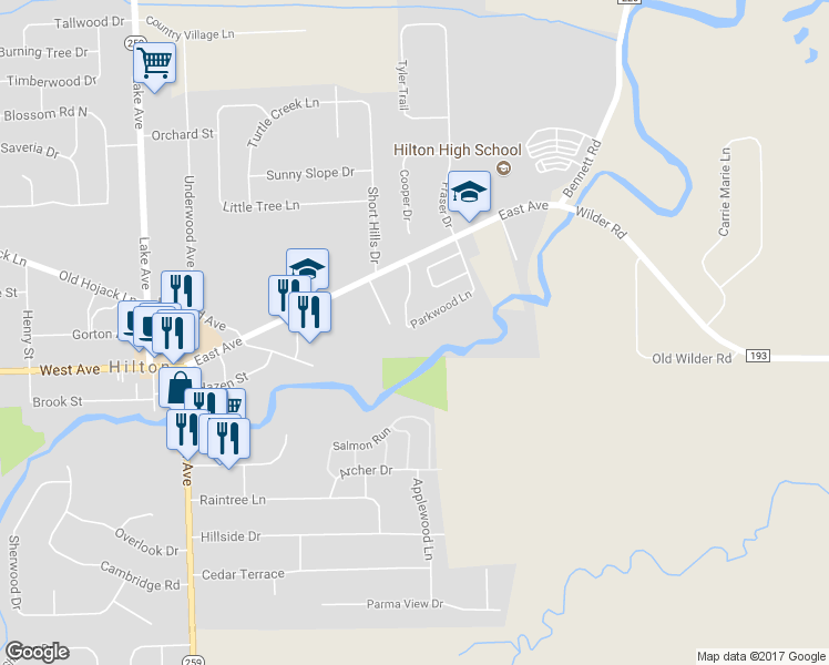 map of restaurants, bars, coffee shops, grocery stores, and more near 62 Parkwood Lane in Hilton