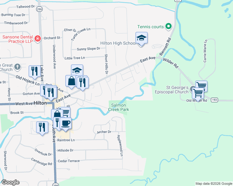 map of restaurants, bars, coffee shops, grocery stores, and more near 62 Parkwood Lane in Hilton