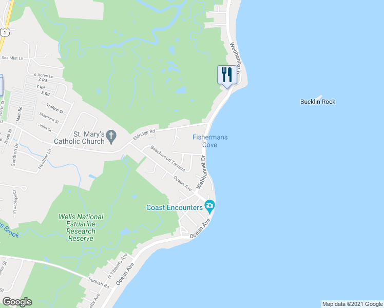 map of restaurants, bars, coffee shops, grocery stores, and more near 22 Seaview Drive in Wells