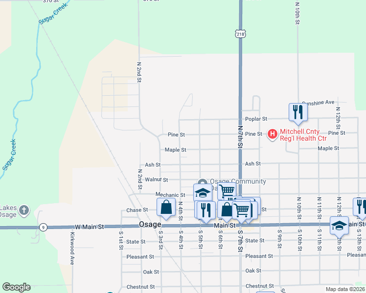 map of restaurants, bars, coffee shops, grocery stores, and more near 400-498 Maple Street in Osage