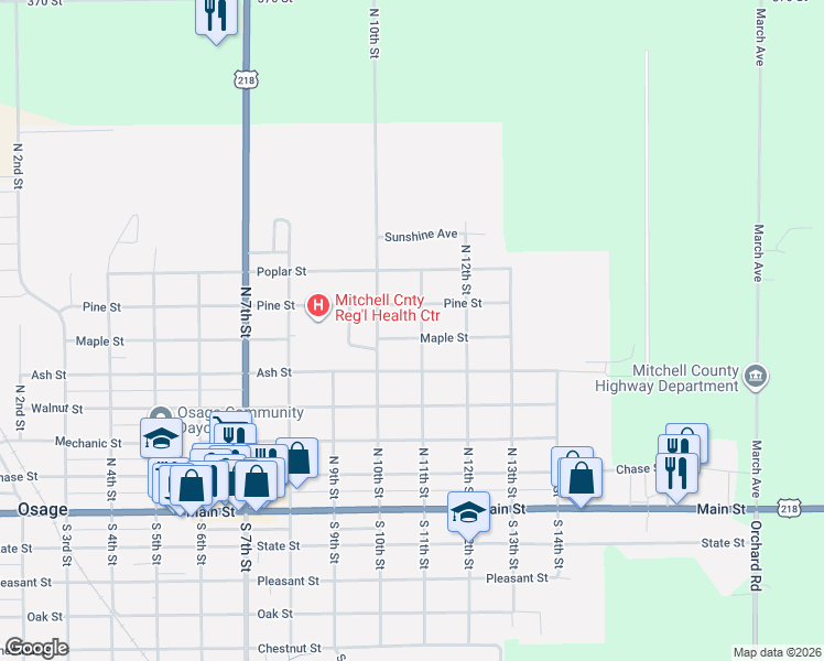map of restaurants, bars, coffee shops, grocery stores, and more near 1001-1099 Ash Street in Osage