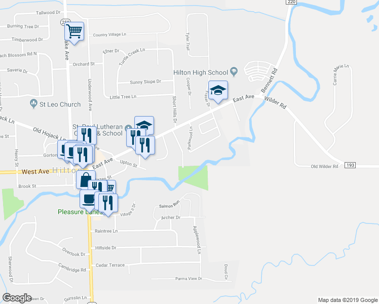 map of restaurants, bars, coffee shops, grocery stores, and more near 54 Parkwood Lane in Hilton