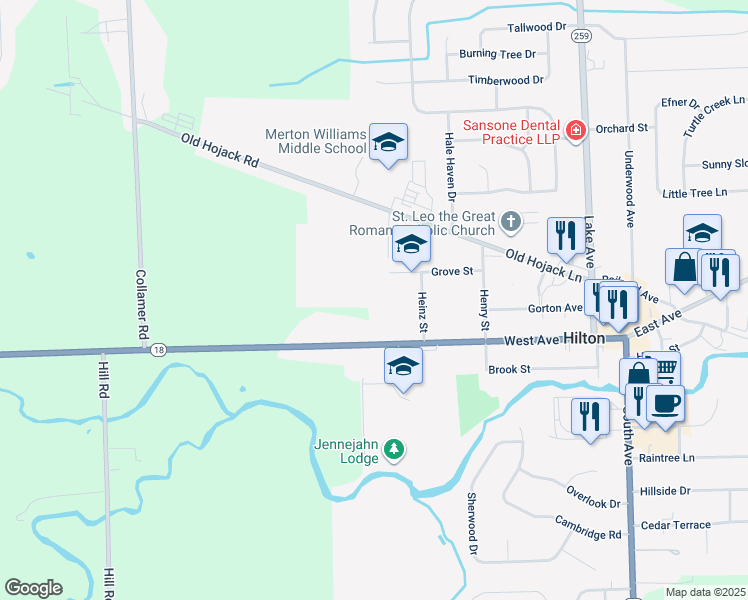 map of restaurants, bars, coffee shops, grocery stores, and more near 100 School Lane in Hilton