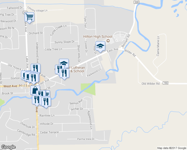 map of restaurants, bars, coffee shops, grocery stores, and more near 88 Parkwood Lane in Hilton