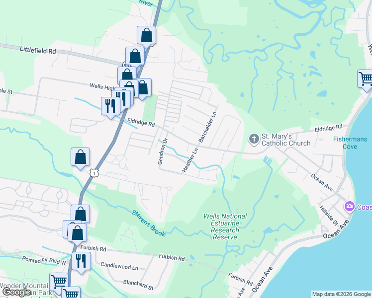 map of restaurants, bars, coffee shops, grocery stores, and more near 117 Eldridge Road in Wells