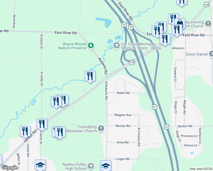 map of restaurants, bars, coffee shops, grocery stores, and more near 1999 North Roberts Road in Muskegon