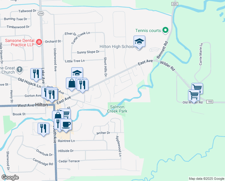 map of restaurants, bars, coffee shops, grocery stores, and more near 36 Parkwood Lane in Hilton