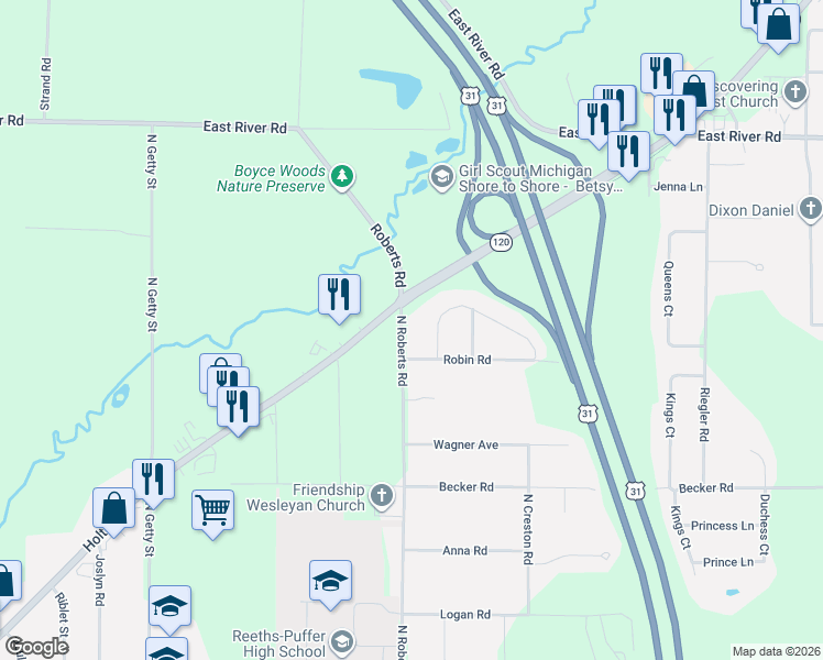 map of restaurants, bars, coffee shops, grocery stores, and more near 1249 Cardinal Circle Drive in Muskegon