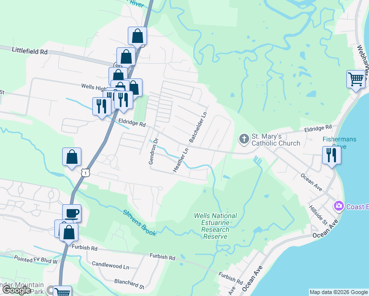 map of restaurants, bars, coffee shops, grocery stores, and more near 148 Eldridge Road in Wells
