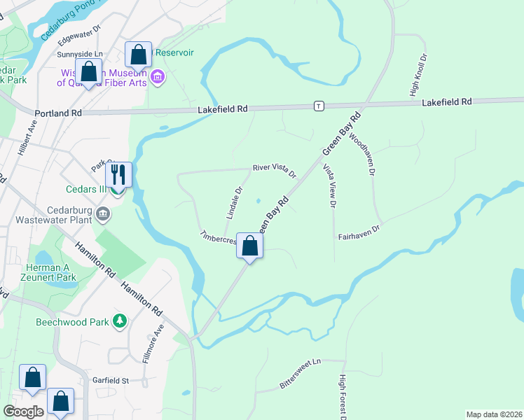 map of restaurants, bars, coffee shops, grocery stores, and more near 401 Green Bay Road in Cedarburg