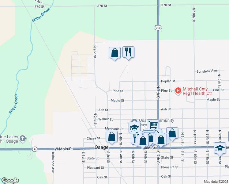map of restaurants, bars, coffee shops, grocery stores, and more near 301-399 Pine St in Osage