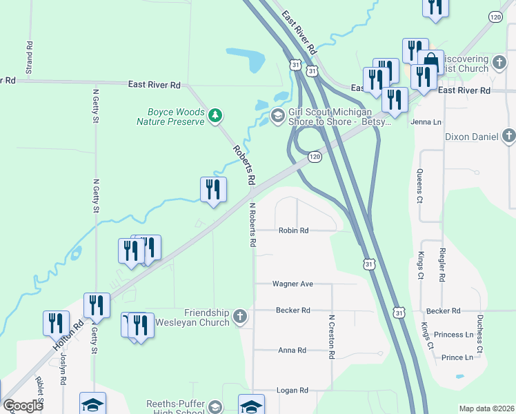 map of restaurants, bars, coffee shops, grocery stores, and more near 1249 Cardinal Circle Drive in Muskegon