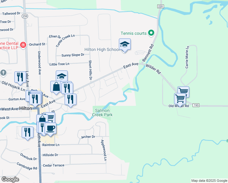 map of restaurants, bars, coffee shops, grocery stores, and more near 104 Parkwood Lane in Hilton
