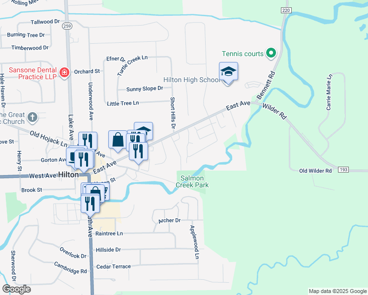 map of restaurants, bars, coffee shops, grocery stores, and more near 24 Parkwood Lane in Hilton