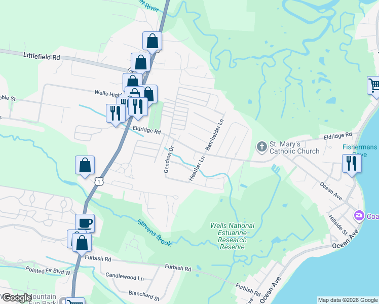 map of restaurants, bars, coffee shops, grocery stores, and more near 117 Eldridge Road in Wells