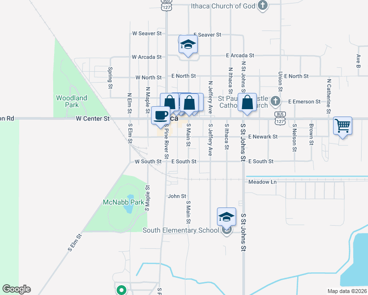 map of restaurants, bars, coffee shops, grocery stores, and more near 210 South Main Street in Ithaca