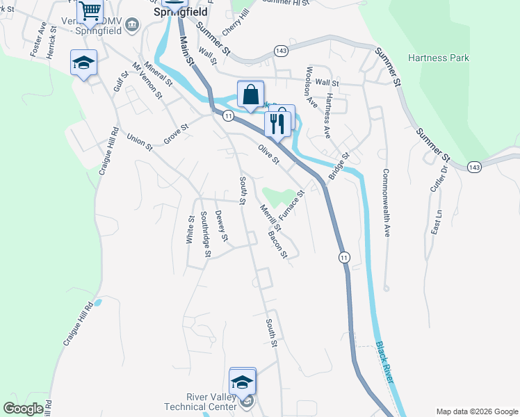 map of restaurants, bars, coffee shops, grocery stores, and more near 39 Merrill Street in Springfield