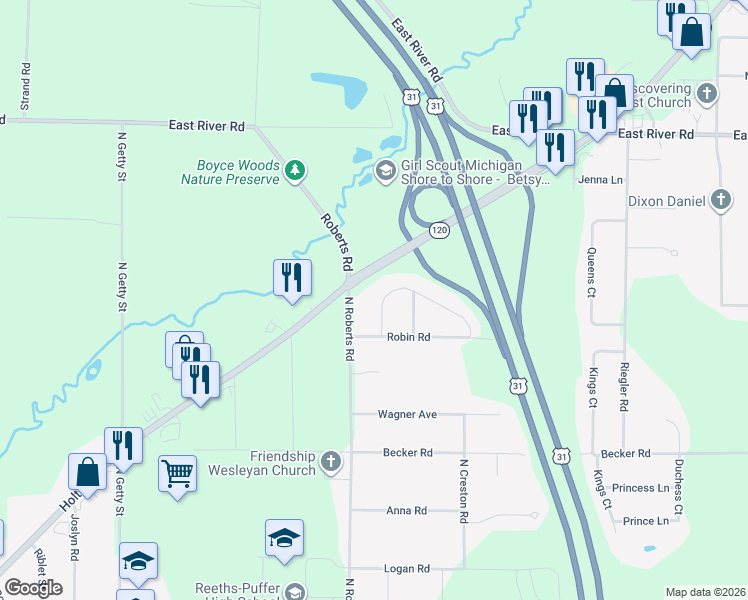 map of restaurants, bars, coffee shops, grocery stores, and more near 1249 Cardinal Circle Drive in Muskegon