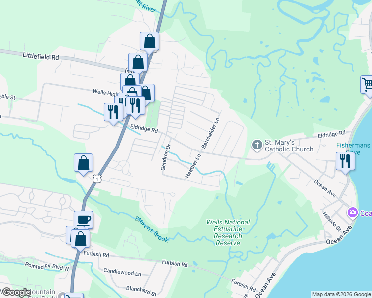 map of restaurants, bars, coffee shops, grocery stores, and more near 117 Eldridge Road in Wells