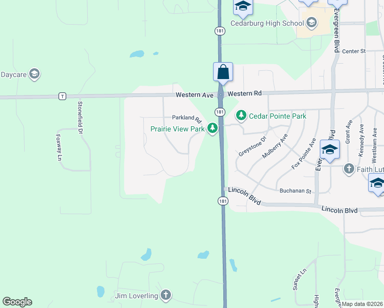 map of restaurants, bars, coffee shops, grocery stores, and more near W77N400 Prairie View Road in Cedarburg