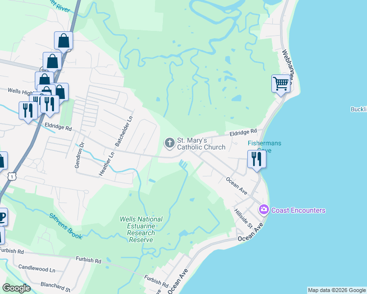 map of restaurants, bars, coffee shops, grocery stores, and more near 832 Ocean Avenue in Wells