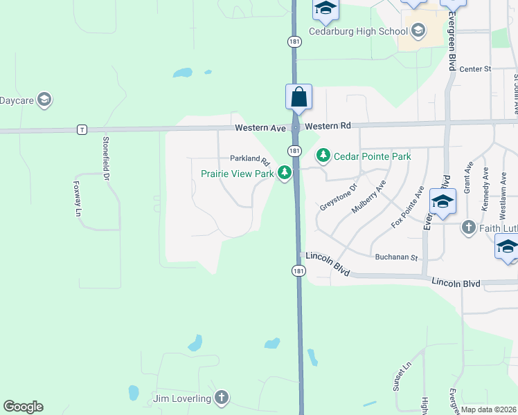 map of restaurants, bars, coffee shops, grocery stores, and more near W77N400 Prairie View Road in Cedarburg