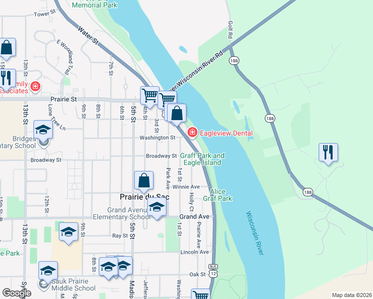 map of restaurants, bars, coffee shops, grocery stores, and more near 469 1st Street in Prairie du Sac