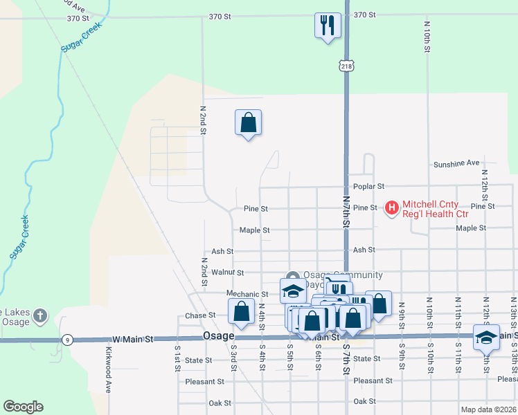 map of restaurants, bars, coffee shops, grocery stores, and more near 399 Pine St in Osage
