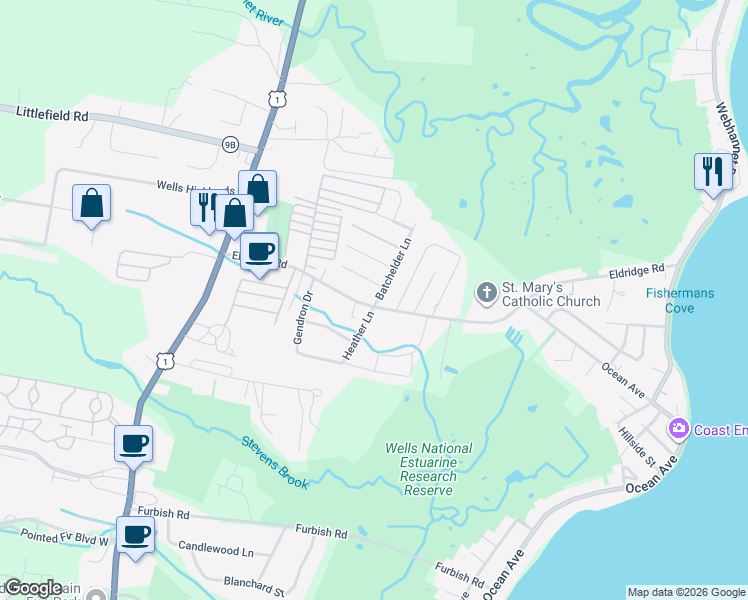 map of restaurants, bars, coffee shops, grocery stores, and more near 148 Eldridge Road in Wells