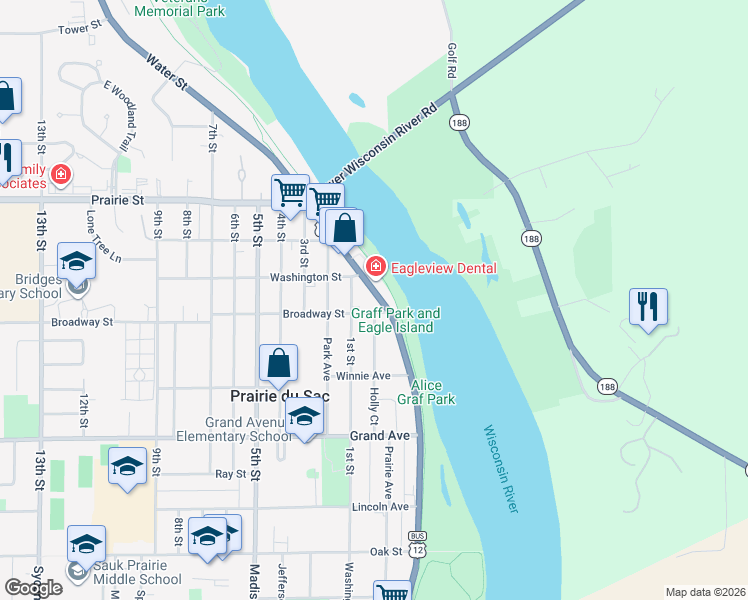 map of restaurants, bars, coffee shops, grocery stores, and more near 430 Water Street in Prairie du Sac
