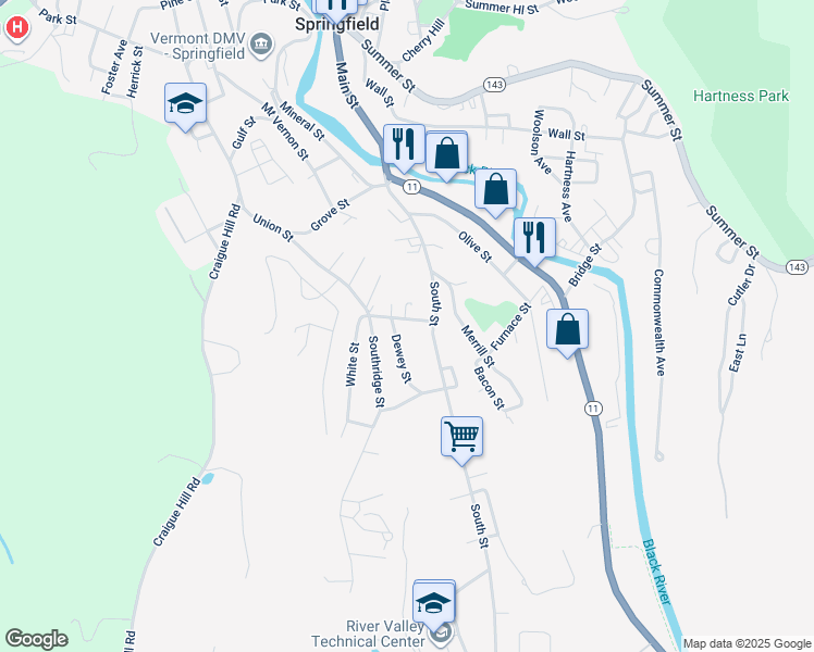 map of restaurants, bars, coffee shops, grocery stores, and more near 225 Union Street in Springfield