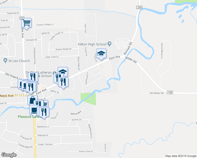 map of restaurants, bars, coffee shops, grocery stores, and more near 83 Parkwood Lane in Hilton