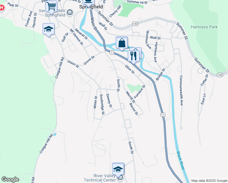 map of restaurants, bars, coffee shops, grocery stores, and more near 225 Union St in Springfield