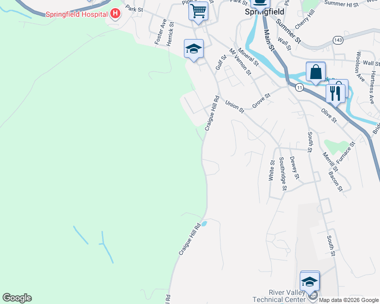 map of restaurants, bars, coffee shops, grocery stores, and more near 105 Craigue Hill Road in Springfield