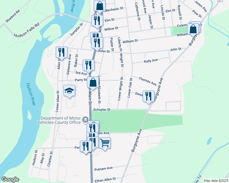 map of restaurants, bars, coffee shops, grocery stores, and more near 28 Hunt Avenue in Hudson Falls