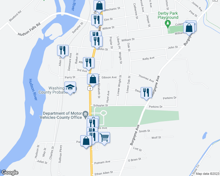 map of restaurants, bars, coffee shops, grocery stores, and more near 28 Hunt Avenue in Hudson Falls