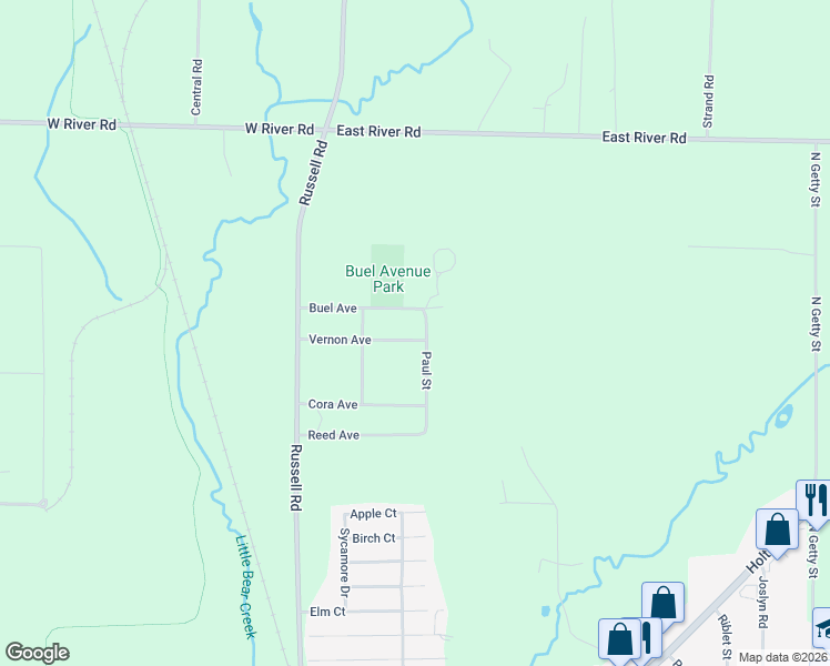 map of restaurants, bars, coffee shops, grocery stores, and more near 1900 Paul Street in Muskegon