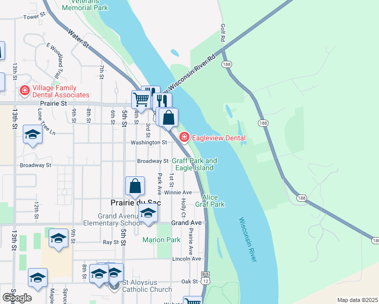 map of restaurants, bars, coffee shops, grocery stores, and more near 430 Water St in Prairie du Sac