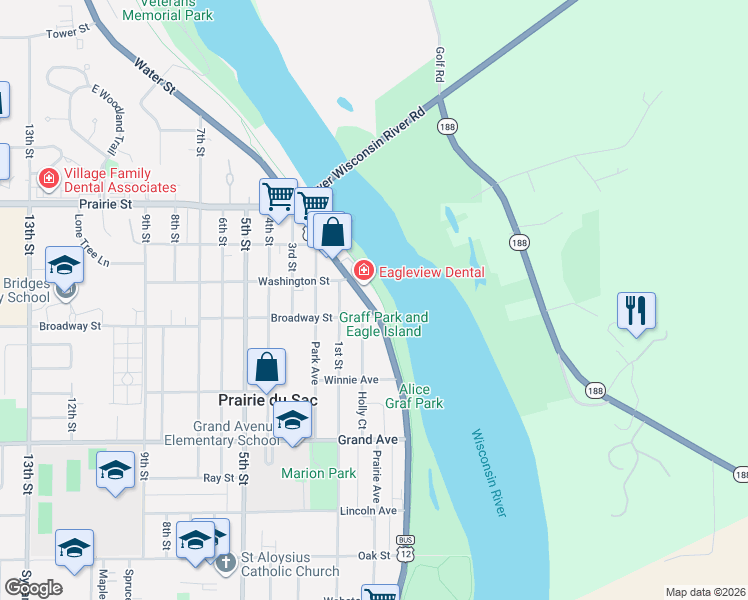 map of restaurants, bars, coffee shops, grocery stores, and more near 430 Water Street in Prairie du Sac