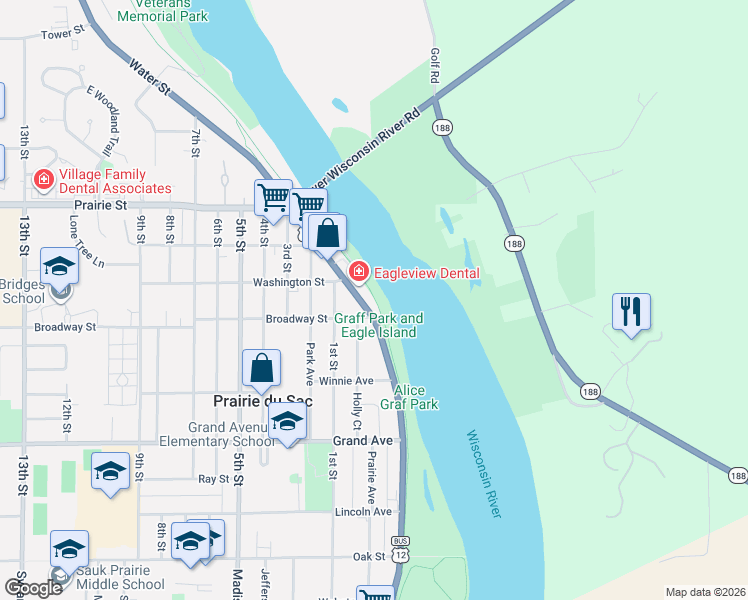 map of restaurants, bars, coffee shops, grocery stores, and more near 430 Water Street in Prairie du Sac