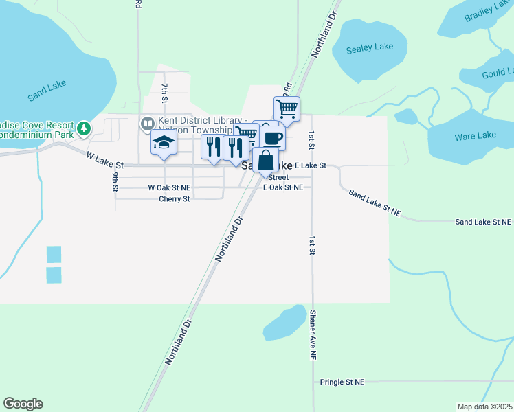 map of restaurants, bars, coffee shops, grocery stores, and more near 86 3rd Street in Sand Lake
