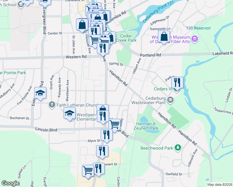 map of restaurants, bars, coffee shops, grocery stores, and more near W59N387 Hilbert Avenue in Cedarburg