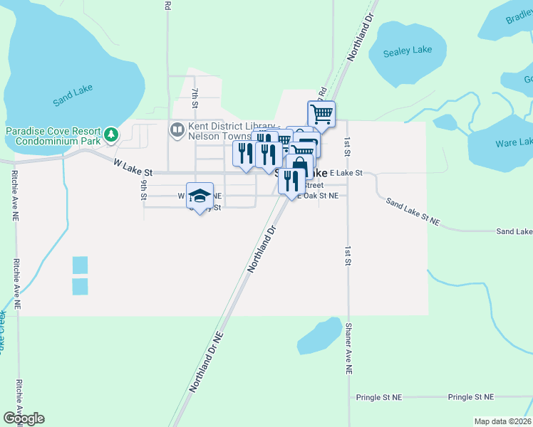 map of restaurants, bars, coffee shops, grocery stores, and more near 109 4th Street in Sand Lake