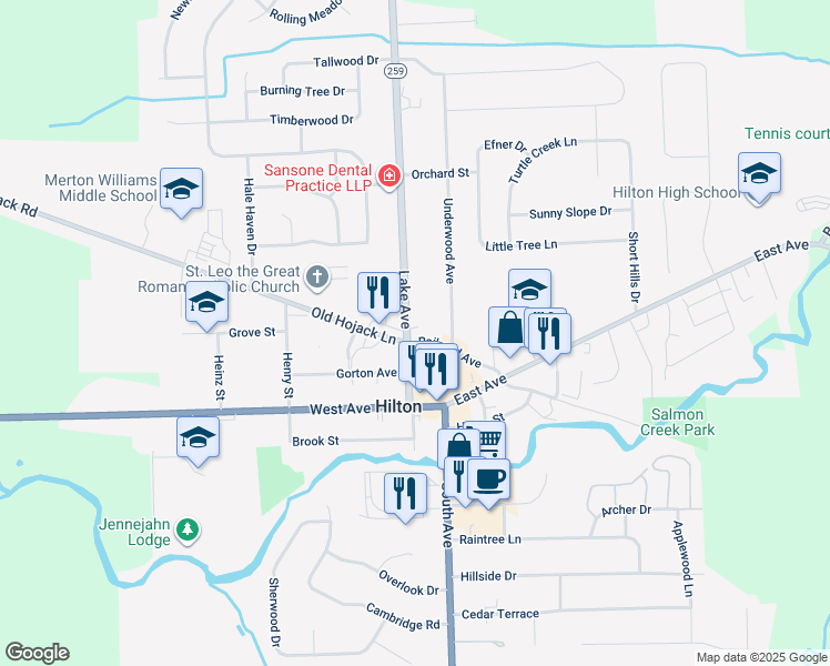 map of restaurants, bars, coffee shops, grocery stores, and more near 100 Lake Avenue in Hilton