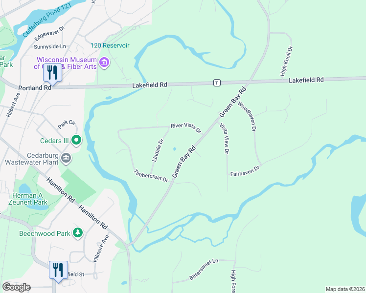 map of restaurants, bars, coffee shops, grocery stores, and more near 401 Green Bay Road in Cedarburg