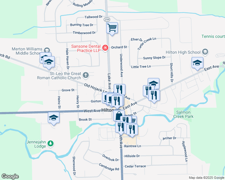map of restaurants, bars, coffee shops, grocery stores, and more near 100 Lake Avenue in Hilton