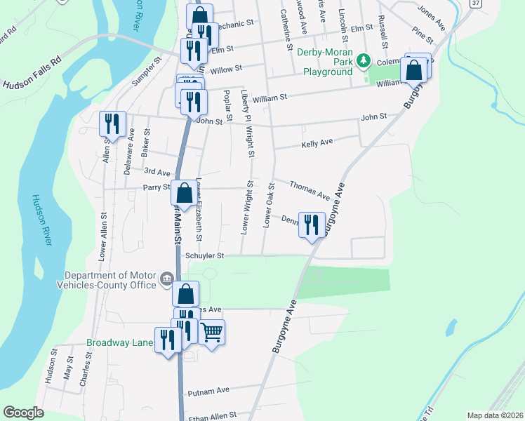map of restaurants, bars, coffee shops, grocery stores, and more near 560 Lower Oak Street in Hudson Falls